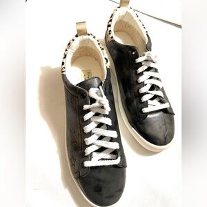 Women’s Leather Black Leopard Sneakers with White Laces - Size 11